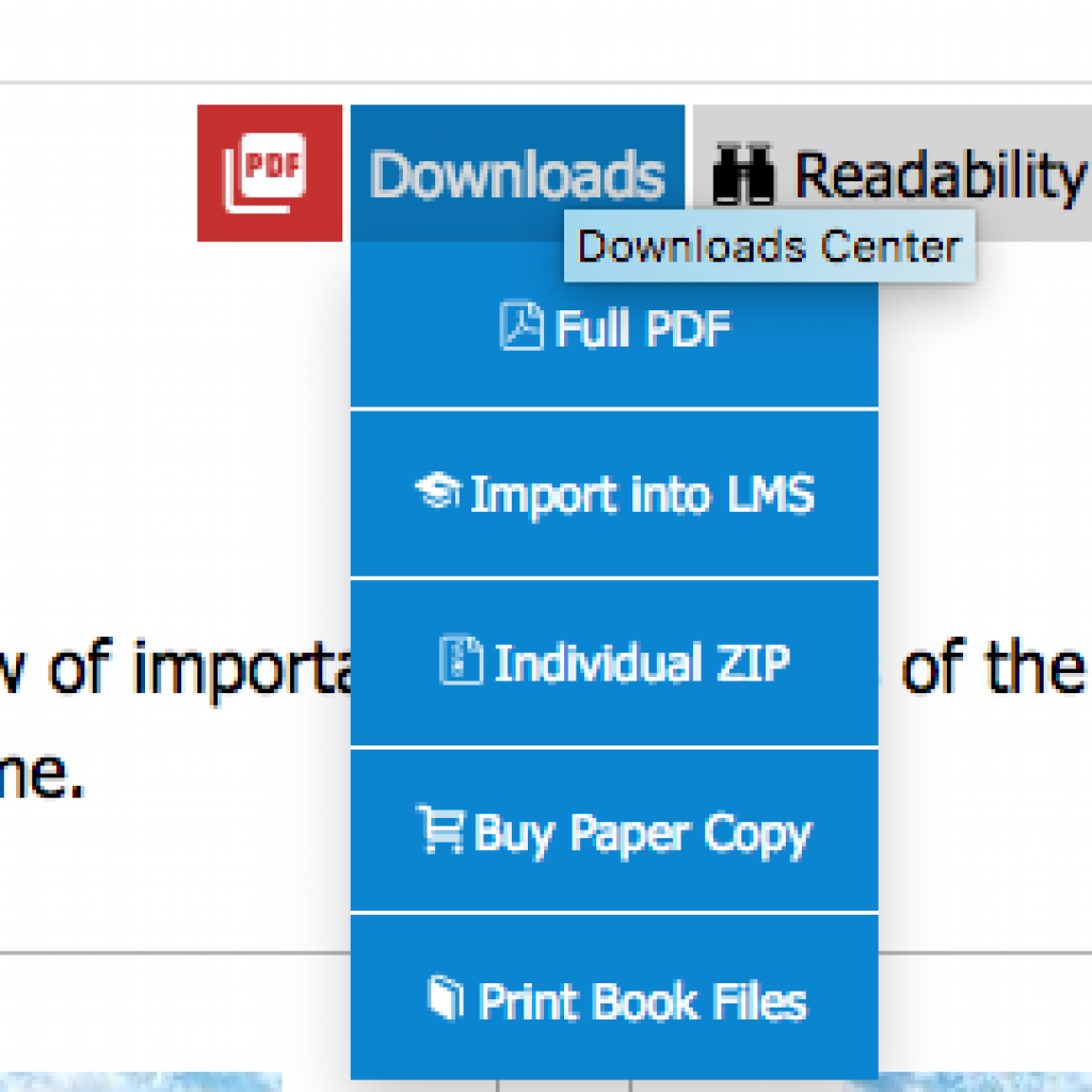 LibreTexts Downloads Center menu - "Import into LMS" is the 2nd option in the menu. 