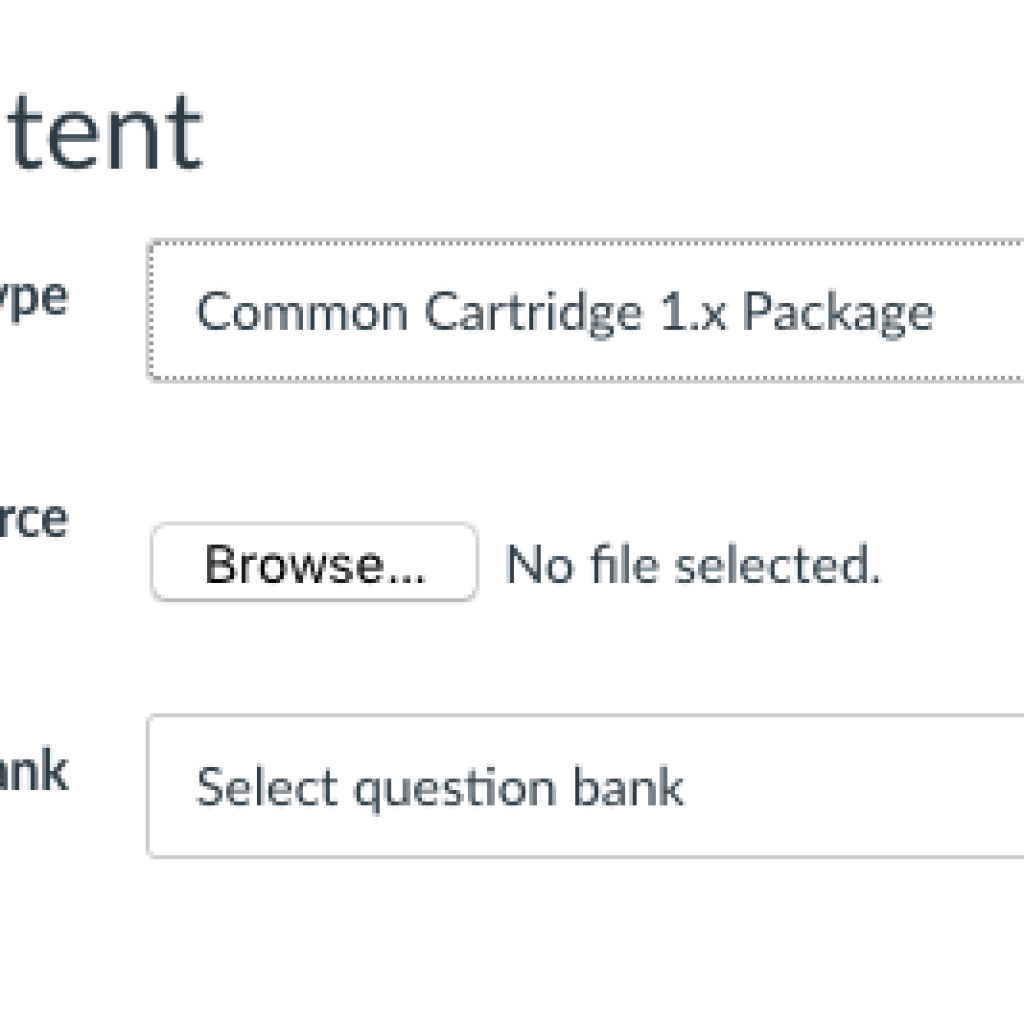 A screenshot of the "Import Content" screen in Canvas, showing the selection of the "Common Cartridge 1.x package".