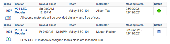 A screenshot from a course schedule that shows a course section marked with both a no-cost icon and the statement "All course materials will be provided digitally and free of cost". This example is from Los Angeles CCD. A low cost icon and statement is also visible. Low cost has been defined as less than $50.