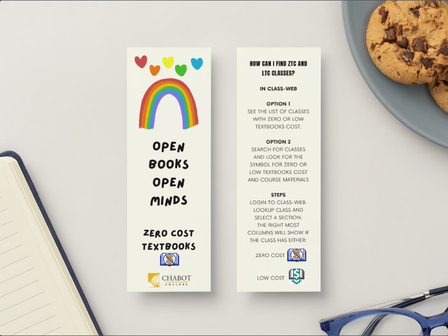 A bookmark with a rainbow and the words Open Books Open Minds - Zero Cost Textbooks. This is followed by a ZTC logo and the Chabot College logo. The back reads "How Can I find ZTC and LTC classes? In class-web. Option 1: See the list of classes with zero or low textbooks cost. Option 2: Search for classes and look for the symbol for ZTC or low textbook cost and course materials. Steps: Login to class-web. Lookup class and select a section. The right most columns will show if the class has either Zero Cost or Low Cost."