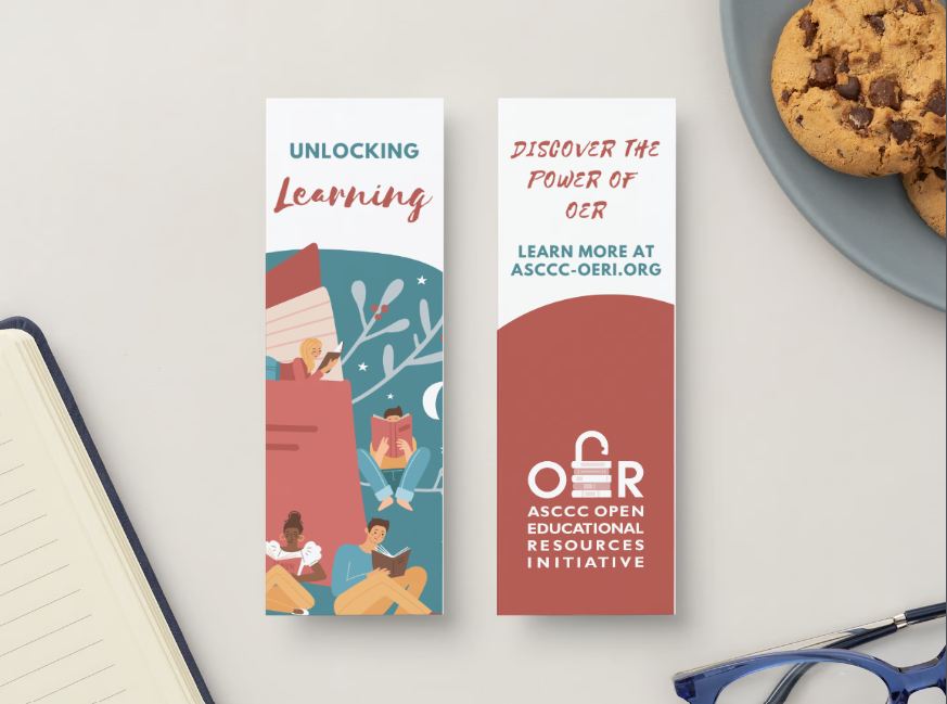 White, blue, and orange bookmark. Four students read books with "Unlocking Learning" on the front. The back reads "Discover the power of OER. Learn more at asccc-oeri.org."